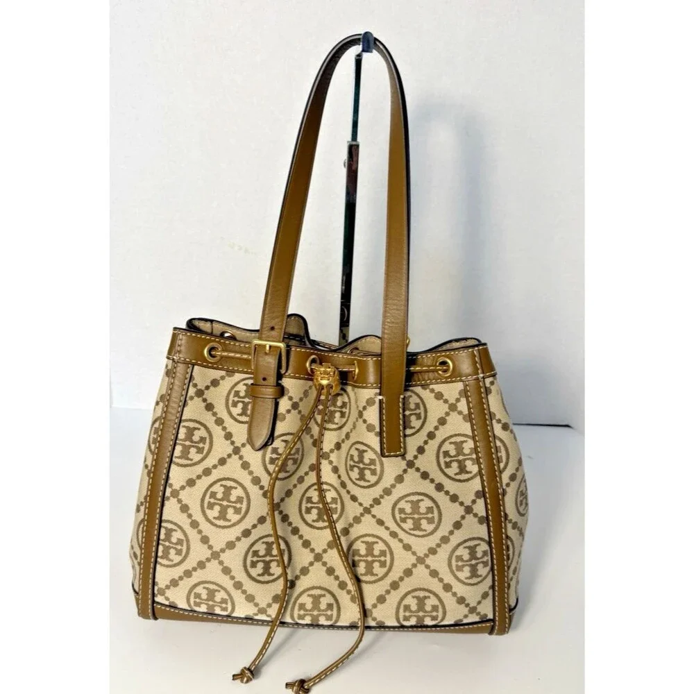 Tory Burch T Monogram Jacquard Logo Tote Bag Large Double Strap Cinch Drawstring